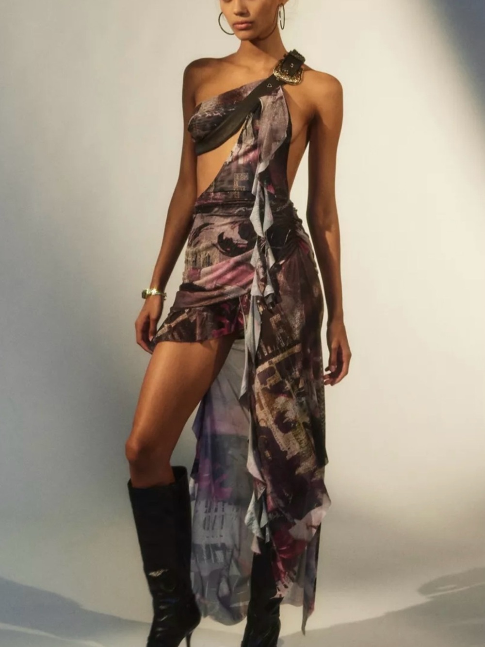 Jaded London One-Shoulder Purple Print Asymmetric Draped Dress
